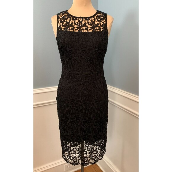 BISOU BISOU Dress Womens 8 Sleeveless Lace Midi Bodycon Tank Sheath Floral Black - Picture 1 of 9